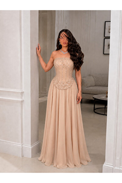 RASHA FASHION فستان سهرة كلارا بتطريز فاخر وقصة كورسيه – بيج شامبين