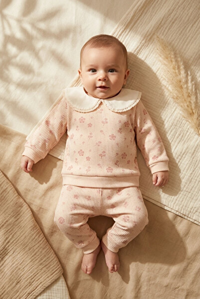 Babydonat Kız Bebek Pembe Ribana Pamuklu Çiçek Desenli Dantel Yakalı Alt Üst ...