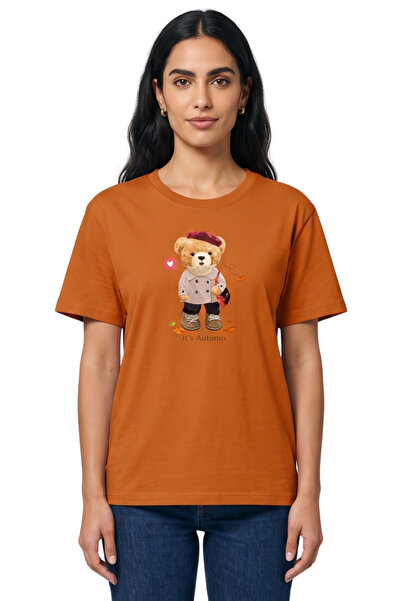DK DAKSEL Women's Orange Autumn Teddy Bear Printed T-Shirt 100% Cotton Comfor...