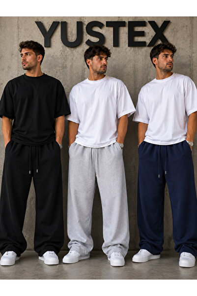 yx yustex sport 3-Piece Men's Baggy Sweatpants Set (Black-Grey-Navy Blue) Loo...