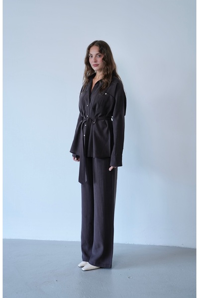 Myra Fashion Keten Görünümlü Kuşaklı Cepli Kimono Uzun Kollu Ceket Pantolon T...