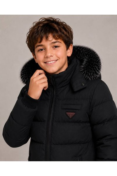 REGOS Men's Black Removable Hooded Water and Windproof Children's Coat and Coat