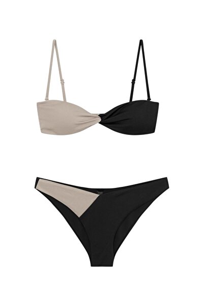 Beauty Omelette Bej/Siyah Kontrast Düğüm Detaylı Straplez Bikini