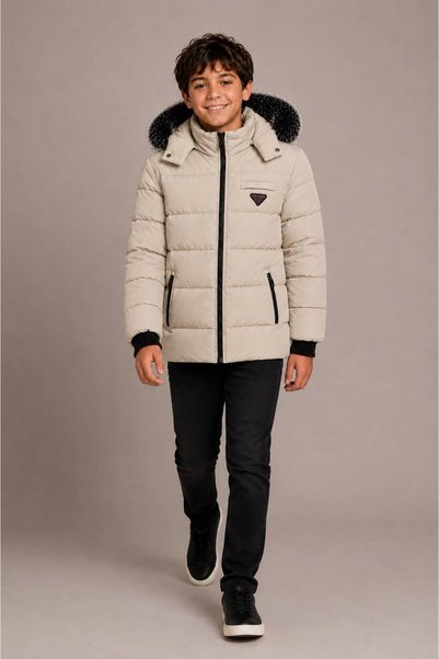 REGOS Men's Cream Removable Hooded Water and Windproof Children's Coat and Coat with Fur Inside