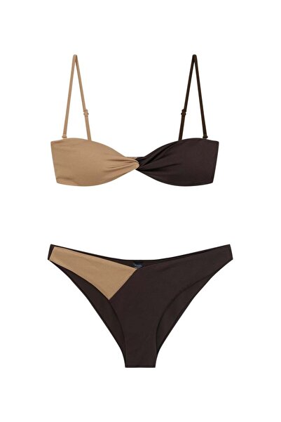 Beauty Omelette Brown/Gold Contrast Knot Detailed Glittery Strapless Bikini