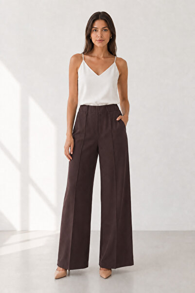 bihan store High Waisted Wide Leg Women's Fabric Trousers 1570-Brown