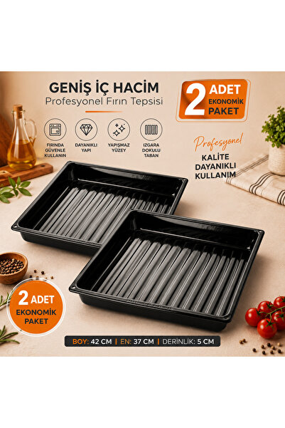 ALEV EMAYE 2 Li Emaye Fırın Tepsisi 42 x 37 x 5 cm – Siyah, Çizilmez, Kolay T...