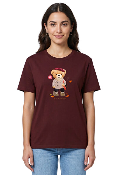 DK DAKSEL Women's Burgundy Autumn Teddy Bear Printed T-Shirt 100% Cotton Comf...