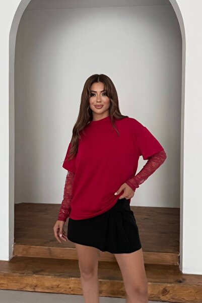OLSAMODA Women's T-Shirt with Lace Details on the Sleeves, Comfortable Fit, F...