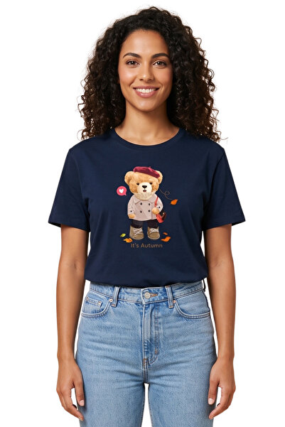 DK DAKSEL Women's Navy Blue Autumn Teddy Bear Printed T-Shirt 100% Cotton Com...