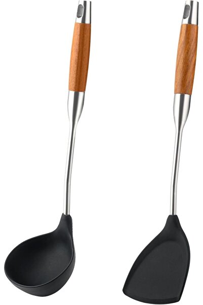 GENERAL Heat-Resistant Silicone Flat Spoon and Ladle Set with Stainless Steel...