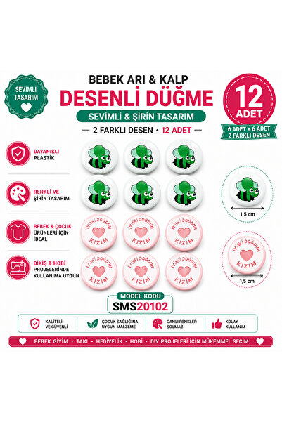 SMS ATILIM 12 Adet Bebek Arı ve İyi ki Doğdun Kızım Kalp Desenli Plastik Düğm...