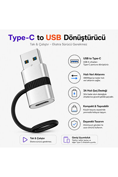 Dexmon Type-c to USB Adaptör ve Hızlı Veri Aktarım Uyumlu Taşınabilir Tak Çal...