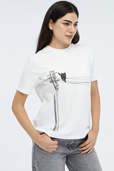 Elektrik Telinde Kedi Baskılı Basic T-Shirt