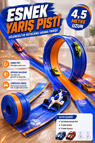 MGEStore 4,5 Metre Esnek Yarış Pisti Çocuk Oyuncak Araba Pisti Vantuzlu Rulo ...