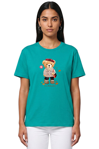 DK DAKSEL Women's Green Autumn Teddy Bear Printed T-Shirt 100% Cotton Comfort...