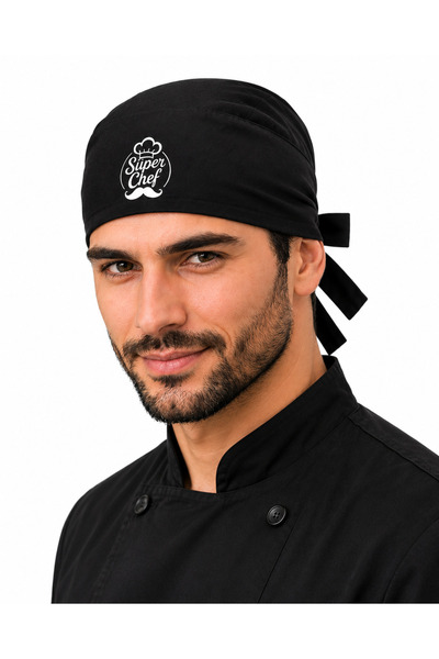 İŞ MARKETİM Likralı Süper Chef Baskılı Aşçı Bonesi Siyah Bağlamalı Unisex Şef...