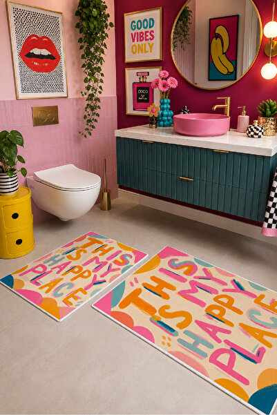 Evmila Colorful "This Is My Happy Place" Written Bath Mat Set of 2