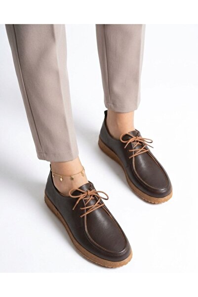 Gönbeler Women's Casual Shoes Genuine Leather Stitched Bitter Brown Orthopedi...