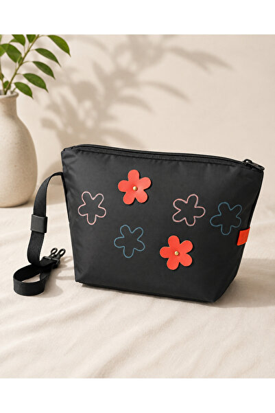 shereenmostadesigns Black Insulated Lunch Bag with Floral Leather Details – R...