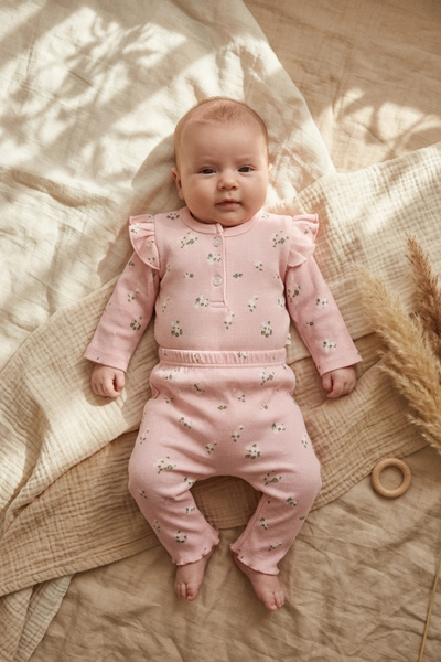 Babydonat Mimoza Pink Ruffled Floral Patterned Camisole Baby Bodysuit and Pan...