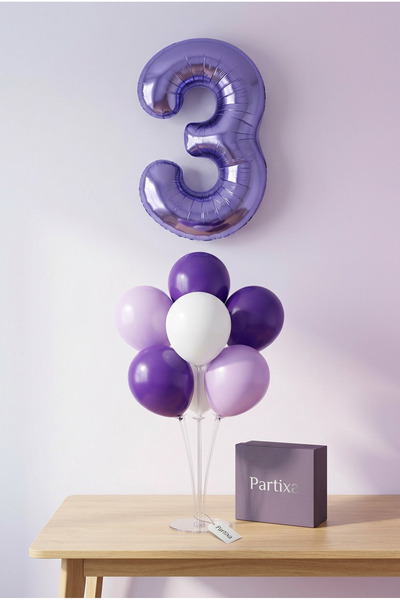 Partixa Mor Rakam Balon Stand Seti | Şeffaf 7’li Stand + Mor Rakam Folyo Balo...