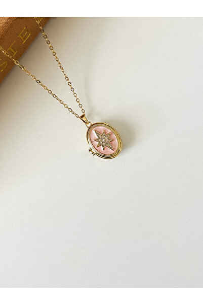Missa Women's Pink Pearlescent Pole Star Detailed Steel Necklace 45+5 cm