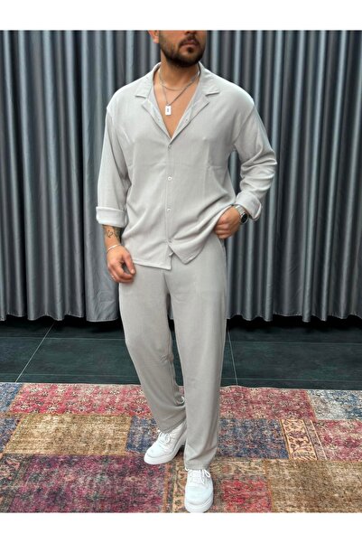 modaberry Men's Gray Wrinkled Suit - Fabric Shirt, Pants, Top and Bottom Set