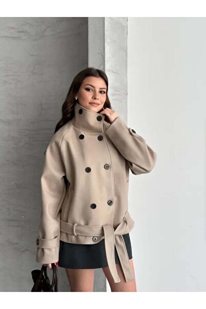 MODA DURAĞI Arven Standing Collar Belted Short Lined Checked Coat Cream
