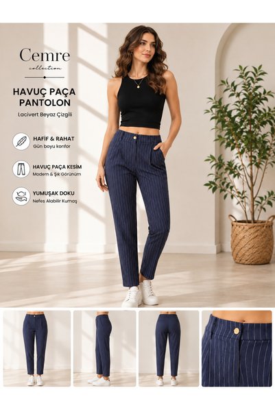 Cemre Collection havuç paça beyaz çizgili kadın pantolon