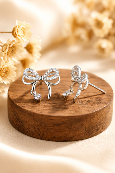 THE Steel Women's Silver Color Bow Earrings – Stone-Embellished Dangle Design