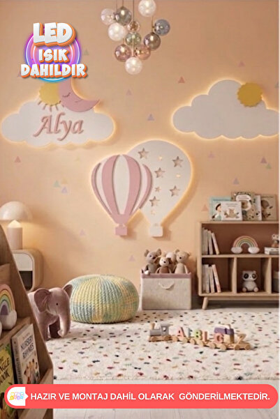 UmayBabyDekor 3’lü Set 2’Bulut 1 Balon Kişiye Özel Led Işık Gece Lambası Çocu...
