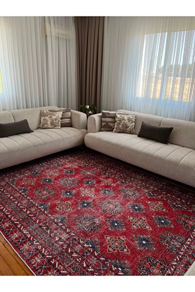 VOPTEKS Kırmızı Vintage Halı Salon Halısı Makinede Yıkanabilir Kaymaz Taban Halı