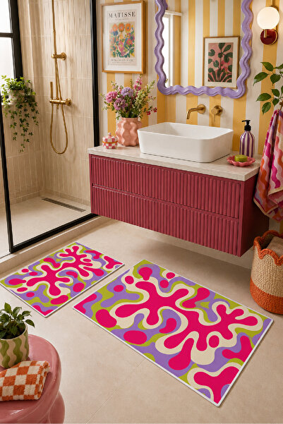 Evmila Pink Yellow Abstract Wave Pattern Non-Slip Base Bath Mat Set of 2