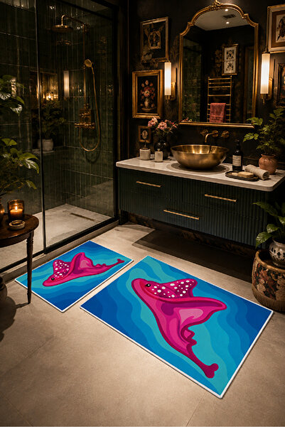 Evmila Fuchsia Blue Mushroom Patterned Non-Slip Base Bath Mat Set of 2