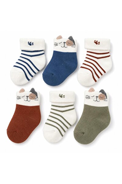 BabyCosy Organic Wear Bebek 6'lı Çizgili Detaylı Çorap %100 Organik Pamuk, Be...