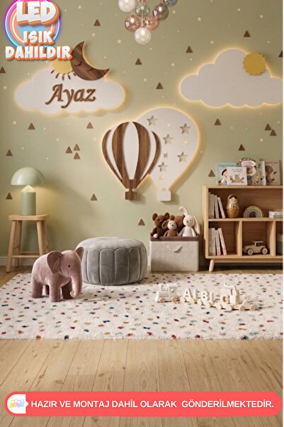 UmayBabyDekor 3’lü Set 2’Bulut 1 Balon Kişiye Özel Led Işık Gece Lambası Çocu...
