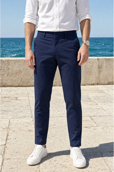 MODAMESTO Men's Navy Blue Classic Fabric Trousers Slim Fit Lycra Ankle Length Narrow Leg