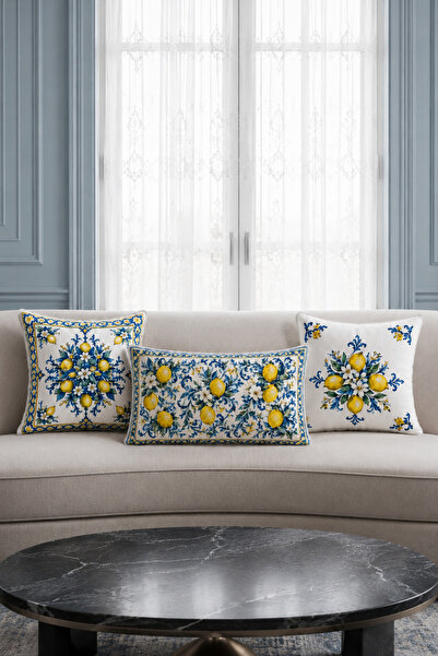 HOMESSA Cobalt Lemon 3 Piece Decorative Throw Pillow Cover