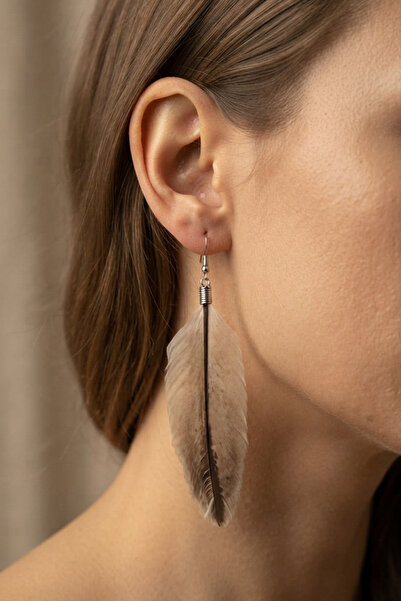 PETEK AKSESUAR Ethnic Hippie Style Ostrich Feather Earrings 9 Cm.