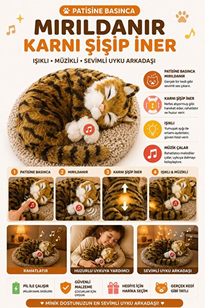 Genel Markalar Uyuyan Kedi Müzikli Işıklı Karnı Şişip İner