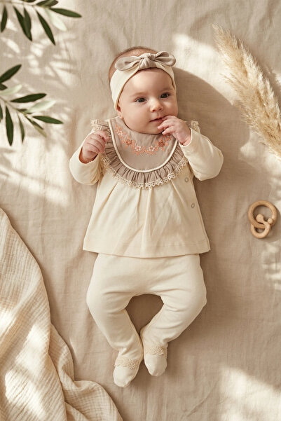 Babydonat Aura Vintage Floral Embroidered Ecru Baby Set - 3-Piece Cotton Hosp...