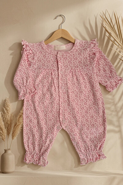 Babydonat Minik Kalp Desenli % 100 Pamuk, Omuz Detaylı 0-3 Ay Ayaksız Kız Bebek Tulumu