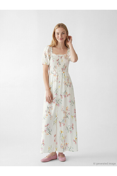 LC Waikiki Square Neck Floral Linen Blend Dress