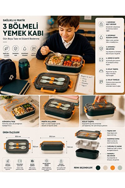 CHEFTİME 3 Bölmeli Paslanmaz Çelik Yemek Kabı – Sızdırmaz Kapaklı, Taşınabili...