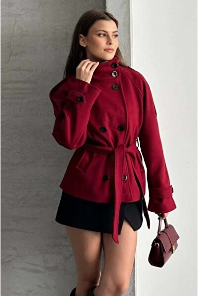 MODA DURAĞI Arven High-Collar Belted Short Lined Checked Coat Red