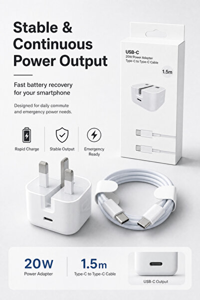 Generic Brand شاحن USB-C بقوة 20 واط مع كابل USB-C إلى USB-C، محول شحن سريع أ...