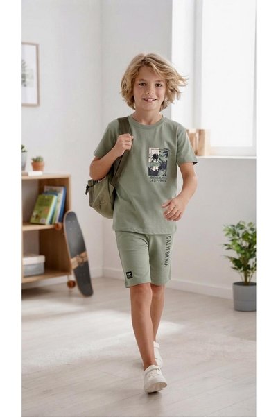 Sinem Çeyiz Cluppolo 4042 Boy's Tropical Patterned Shorts Set with Pockets