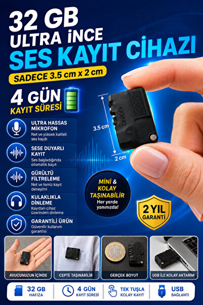 teknospy 32 GB Ultra İnce Ses Kayıt Cihazı Kulaklıkla Dinleme 4 Gün Şarj Süre...