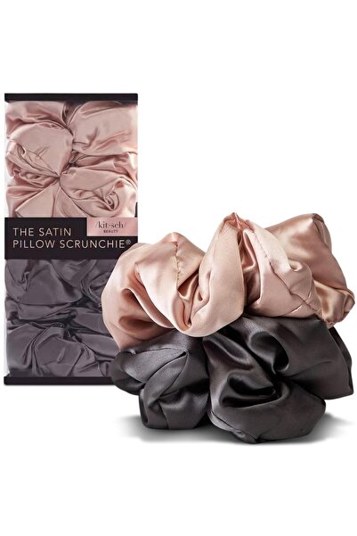 Kitsch The Satin Pillow Scrunchie Hair Ties - 2 Pieces - Charcoal & Pink